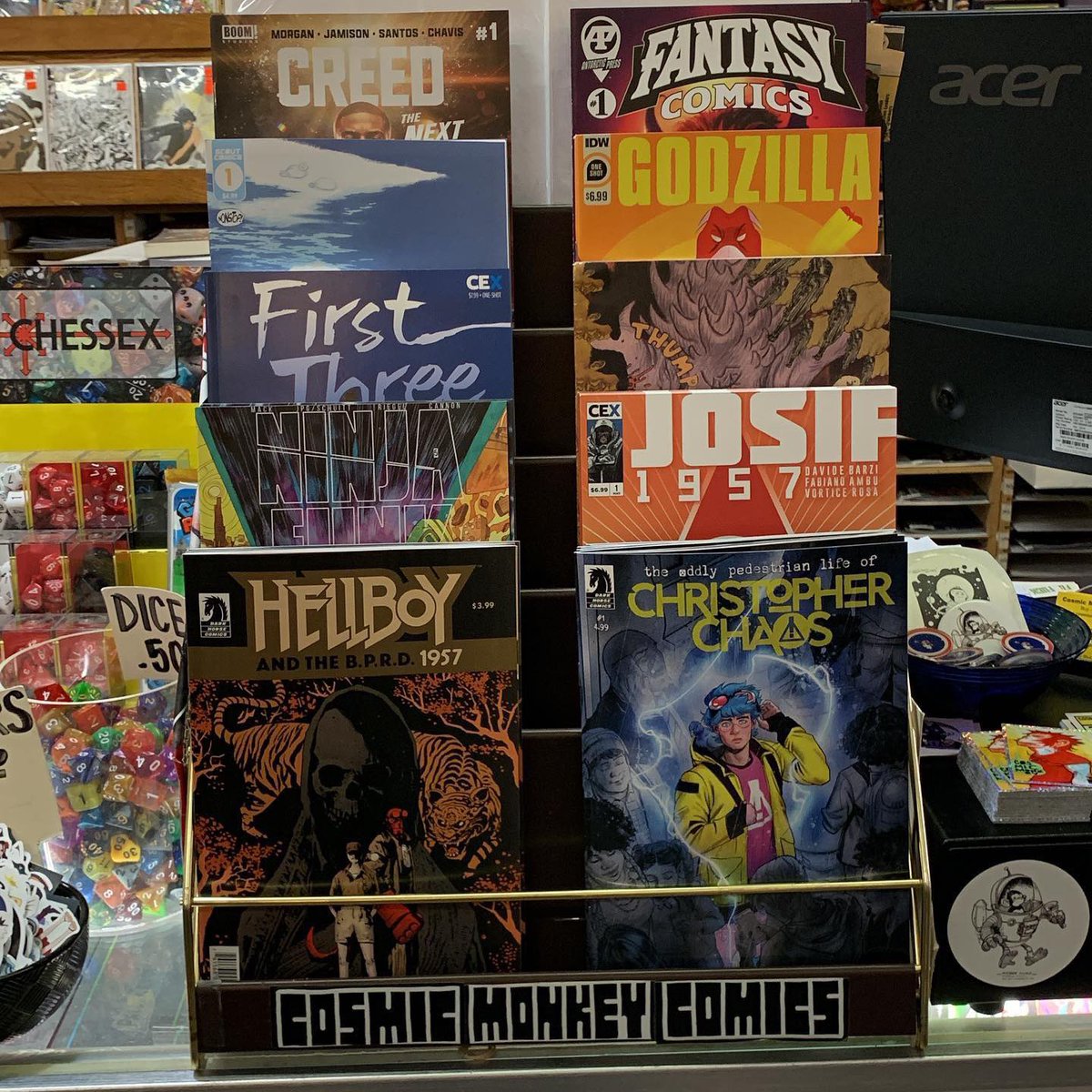 cosmicmonkey's tweet photo. It’s nice to see no new Marvel and DC #1s for once. Some of these titles have names longer than a contemporary Manga title. #hellboyandthebprd1957fearfulsymmetry #theoddlypedestrianlifeofchristopherchaos #ninjafunk #josif1957 #firstthree #diabolicaladoublefeatureofcomixbedlam https://t.co/uXlPFrJp7i