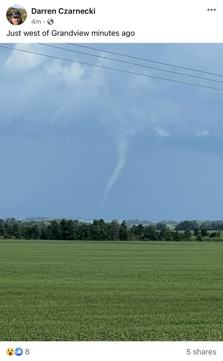 IWeatherMB's tweet photo. #mbstorm #mbwx Report of a tornado on the ground west of Grandview.

Seek shelter now!

https://t.co/Qp81n2NIyN https://t.co/1x9vKnh90x