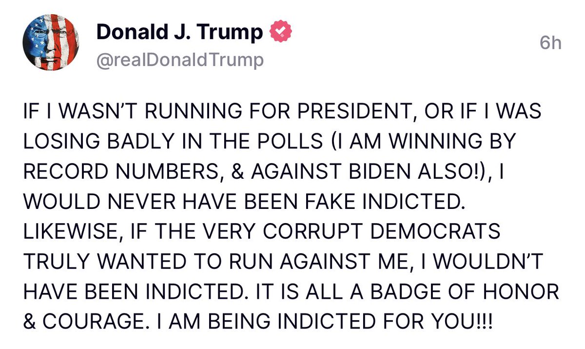 He’s being indicted because he broke the damn law !! 

I didn’t break the law. 

I didn’t take 250 million from my followers to “stop the steal.”

I didn’t refuse to transfer power peacefully. 

I am not responsible for the J6’ers in prison. 

TRUMP DID ALL THIS ! NOT ME. NOT us.