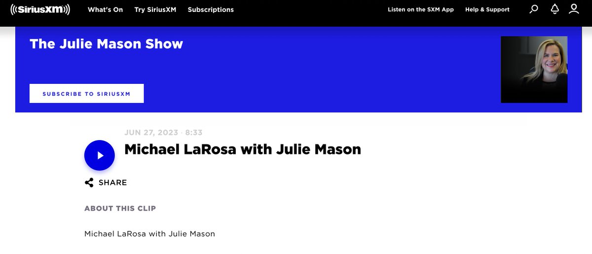 Yesterday I joined @JulieMason on her @SIRIUSXM's the @JulieMasonShow1 (@SXMPOTUS Channel #124).  Fun times as always talking politics, @POTUS, @FLOTUS, 2024, and even a curveball ⚾️on the #AZSEN race! 

Listen to the full convo HERE👇📻 🔊
siriusxm.com/clips/clip/fb8…