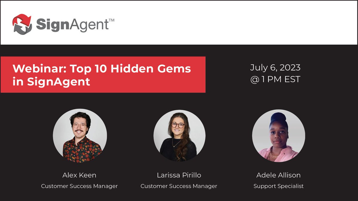 Our customer success team is delighted to invite you to the upcoming webinar. Join Alex, Larissa, and Adele on July 6, 2023, at 1PM EST, and explore ten lesser-known features that are worth learning about to boost your workflow efficiency with SignAgent.

bit.ly/46sJAXy