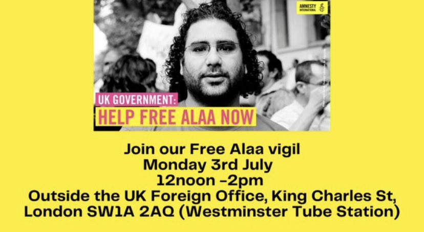 💥📢London: join Alaa’s incredible mother Laila on Monday 3rd July outside the Foreign Office from 12-2 to call on Foreign Sec <a href="/JamesCleverly/">James Cleverly🇬🇧</a> &amp; <a href="/FCDOGovUK/">Foreign, Commonwealth & Development Office</a> to stop messing around &amp; demand #Egypt give consular access to Alaa NOW. He’s a British Citizen: it’s an outrage #FreeAlaa