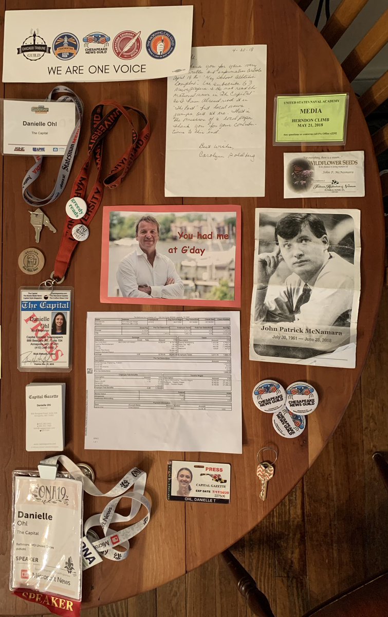 Danielle Ohl (@dtohl) on Twitter photo It’s Wednesday. This is not my cat Wednesday. These are the things I kept from my time at <a href="/capgaznews/">Capital Gazette</a>. Press passes. Conference badges. The key to my old house and my first business cards. A nice letter from a reader and ephemera from our union drive. John’s funeral program. It’s Wednesday. This is not my cat Wednesday. These are the things I kept from my time at <a href="/capgaznews/">Capital Gazette</a>. Press passes. Conference badges. The key to my old house and my first business cards. A nice letter from a reader and ephemera from our union drive. John’s funeral program.