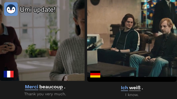 umi_languages's tweet photo. 🇫🇷🇩🇪
French and German courses are here!

If you want to understand #Dark in German or the other side of #EmilyInParis , check out the update!

Learn from TV show and movie clips with Umi. Build vocabulary and listening comprehension

#langtwt #LanguageLearning #German  #French https://t.co/FxNUMv93Bs