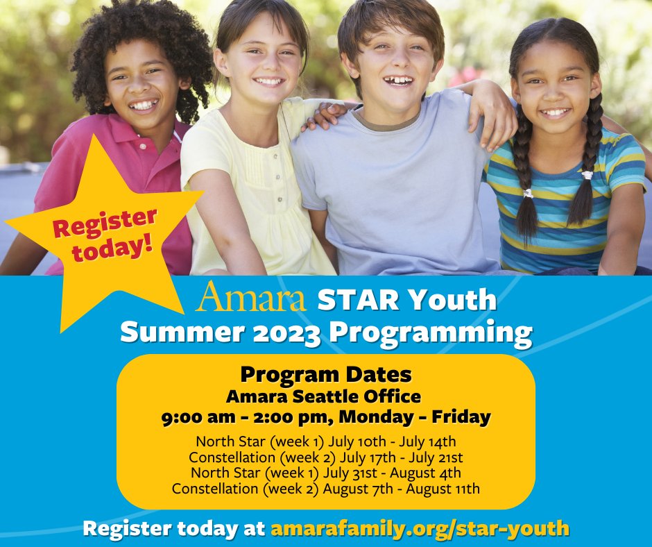 Amara’s free STAR Youth programs launch this summer! STAR (Supported, Thriving,  Authentic & Resilient) programs are designed to help kids build community & learn social-emotional skills. 
Pierce: Aug. 21-25
King: several wks avail. Visit amarafamily.org/star-youth/
#fosteryouth