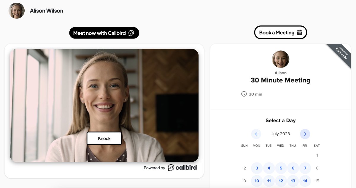 Now your Callbird link includes your Calendly, Hubspot or Cal scheduler. With one link you can offer your recipient the best of both worlds: Meet instantly with you via Callbird, or schedule a meeting for later.  

Go to callbird.com/yourname to sign up for free!