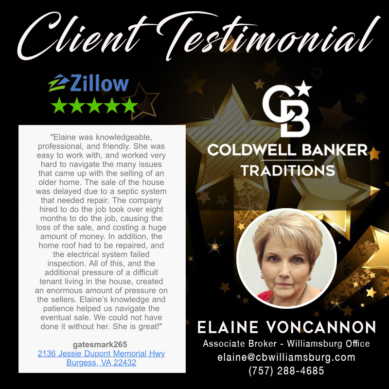 Coldwell Banker Traditions is a stand-up in your-chair and cheer company when we receive great testimonials about our agents. Congratulations to Elaine VonCannon, on her Zillow 5-Star Review! In the market to buy or sell a home, call Elaine today!
#happyclients #coldwellbanker