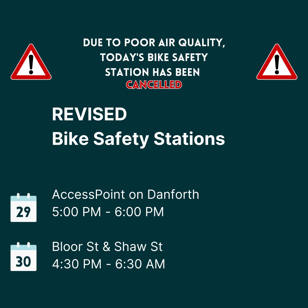 Hey folks! Due to poor air quality, today's bike safety station has been cancelled. More details for future Bike Safety Stations can be found on our website at bikesafety.ca/events

Stay safe everyone!