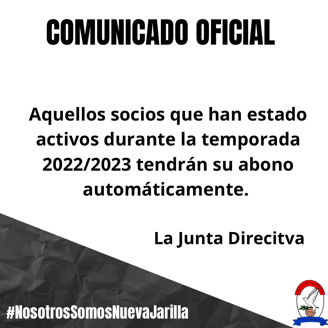 🚨𝐂𝐎𝐌𝐔𝐍𝐈𝐂𝐀𝐃𝐎 𝐎𝐅𝐈𝐂𝐈𝐀𝐋

Los socios que recogieron su abono en la temporada pasada, lo tendrán de manera automática para la siguiente temporada.

#NosotrosSomosNuevaJarilla