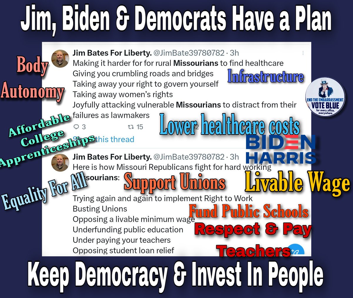 EllaVotes4Dems's tweet photo. I live in #Missouri where #RedStateRepubs have reigned 20 yrs devastating our state. Jim asks why the #GOP refuses to pass a livable wage, underfunds #PublicSchools, refused #MedicaidExpansion, sued over #Bidenomics #StudentLoanRelief, has #discrimination against #LGBT. #VoteBlue https://t.co/difzKs267M