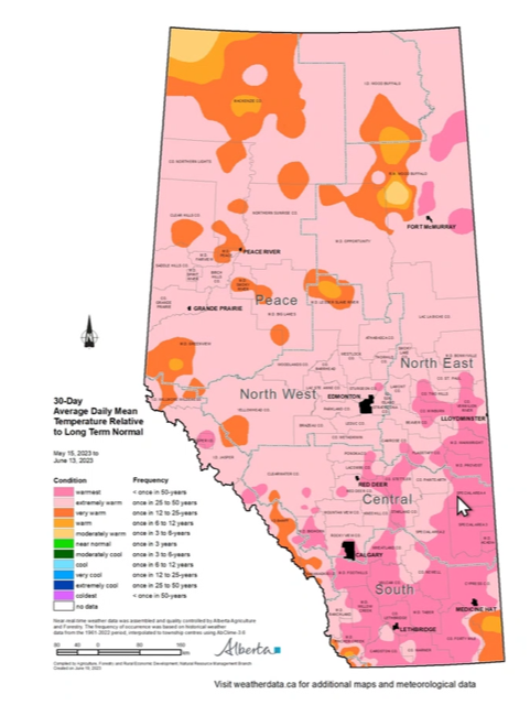 What is the current #Alberta Weather conditions? Much hotter than normal and drier prior to June 16th than ever. Very little soil moisture for many areas and too much for others. #Drought23 #Flood23