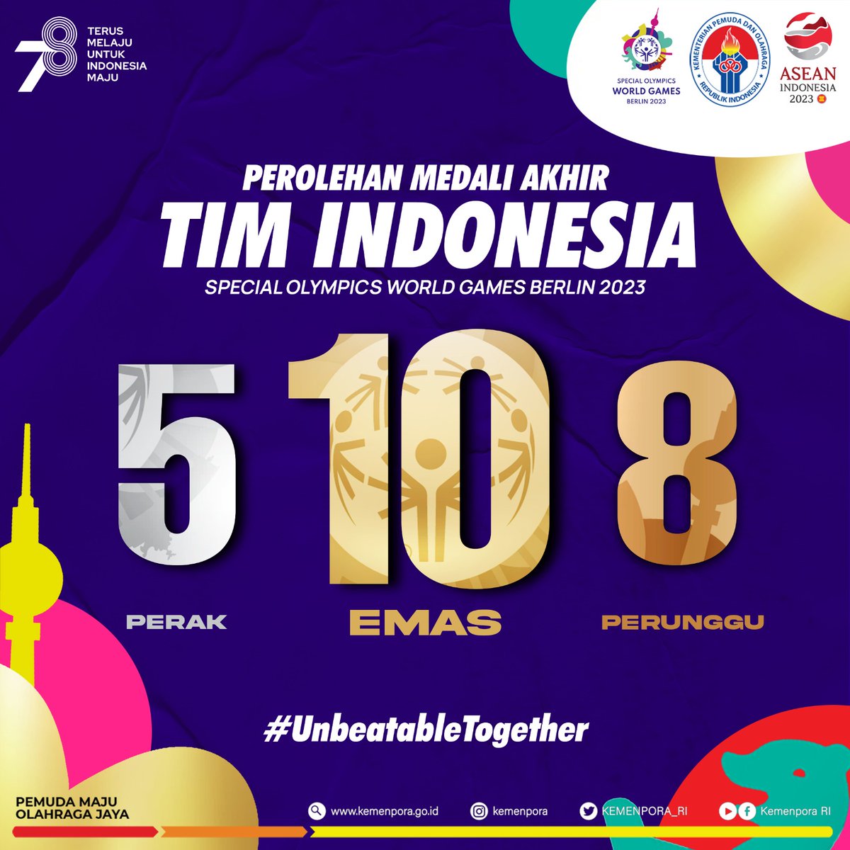 Berikut adalah hasil akhir perolehan medali Delegasi Indonesia pada ajang Special Olympics World Games (SOWG) Berlin 2023.

#Kemenpora
#PemudaMajuOlahragaJaya
#SOWG2023