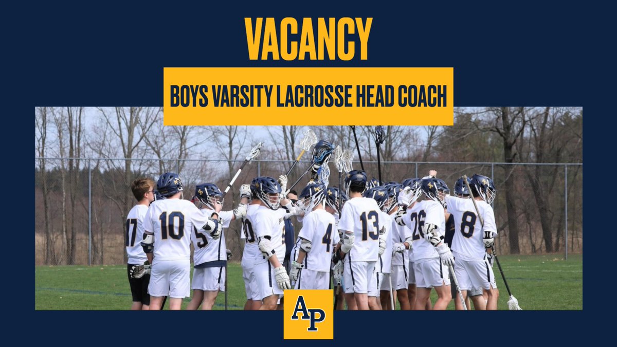 AP_Athletics's tweet photo. We are looking for a dynamic, transformational leader to become our next Boys Varsity Lacrosse Head Coach. Email bubniakm@apcsd.org if interested.
#WinnersInThe3Cs
#AP_EveryStudentEveryDay https://t.co/RostXOoj5D