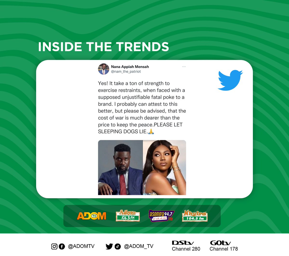 Adom1063fm's tweet photo. Yes! It take a ton of strength to exercise restraints, when faced with a supposed unjustifiable fatal poke to a brand. @nam_the_patriot
#inthetrends
#sarkodie #yvonnenelson
#eiiii #TryMe #triedyou
#johndumelo
#kubatey
#AdomFM https://t.co/RAR0Of7S97
