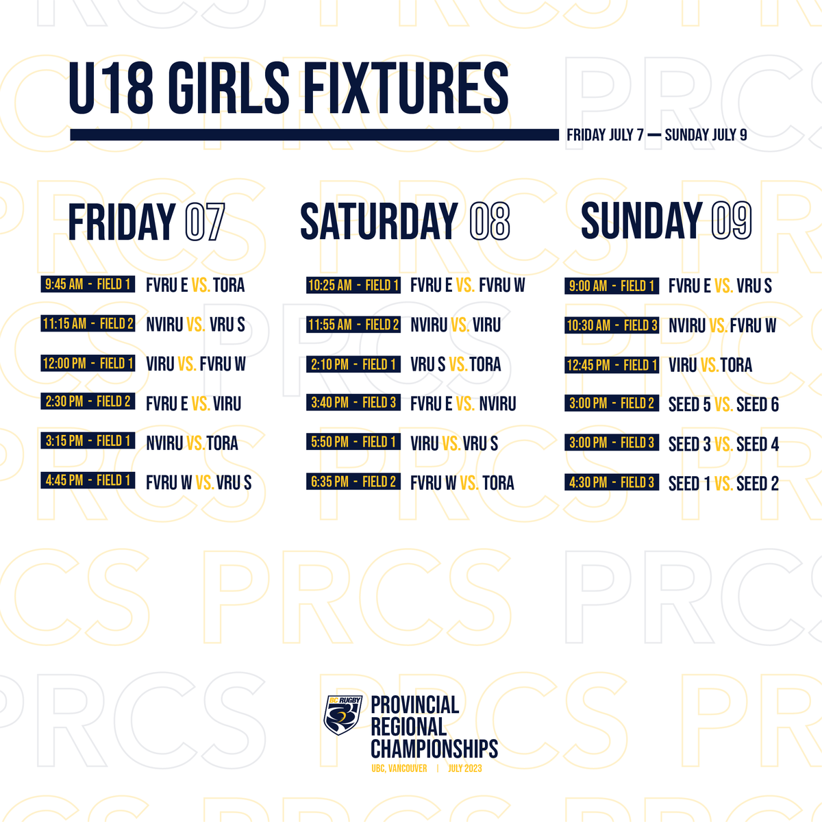 The 2023 Provincial Regional Championships are BACK July 7-9 in Vancouver!

Check out the full match schedule for all U18 Girls and Boys Regional Teams below 👇

For more information on the 2023 PRCs: bcrugby.com/competitions-2…

#PRCs #BCRugby #UBC