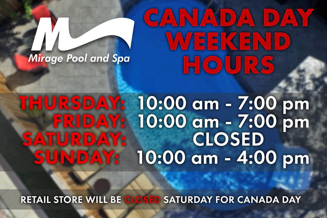 Please note we will be closed Saturday to observe Canada Day 🇨🇦  Be sure to come to see us for a water test or if there is anything your backyard may need for the long weekend! The retail store will be back open Sunday &amp; Monday