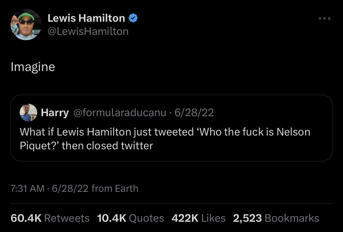 feliz aniversário de 1 ano pro MAIOR tweet do Lewis Hamilton.