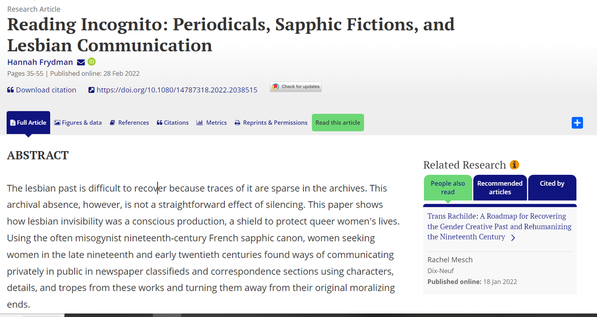 ACLS1919's tweet photo. A new addition to our LGBTQ+ Scholarly Resource List, "Reading Incognito: Periodicals, Sapphic Fictions, and Lesbian Communication" by @hannah_frydman F'23 shows how lesbian invisibility was a conscious production, a shield to protect queer women's lives. https://t.co/2DkCR5hWpm https://t.co/i3OMIfXFbF