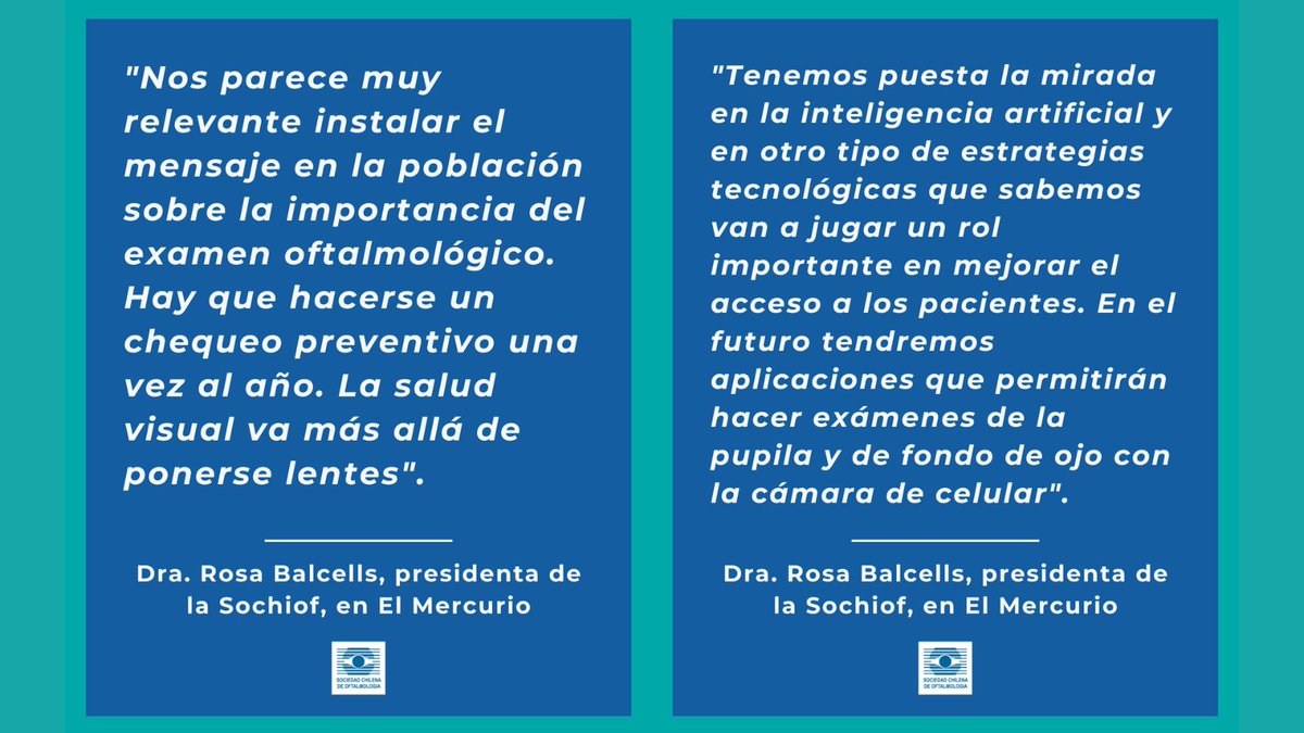 Nuestra presidenta, Dra. Rosa Balcells, en entrevista con El Mercurio: 
"Ante el envejecimiento poblacional, Chile tiene el enorme desafío de mantener la salud visual para la mayoría"
Más detalles en bit.ly/44dTAls