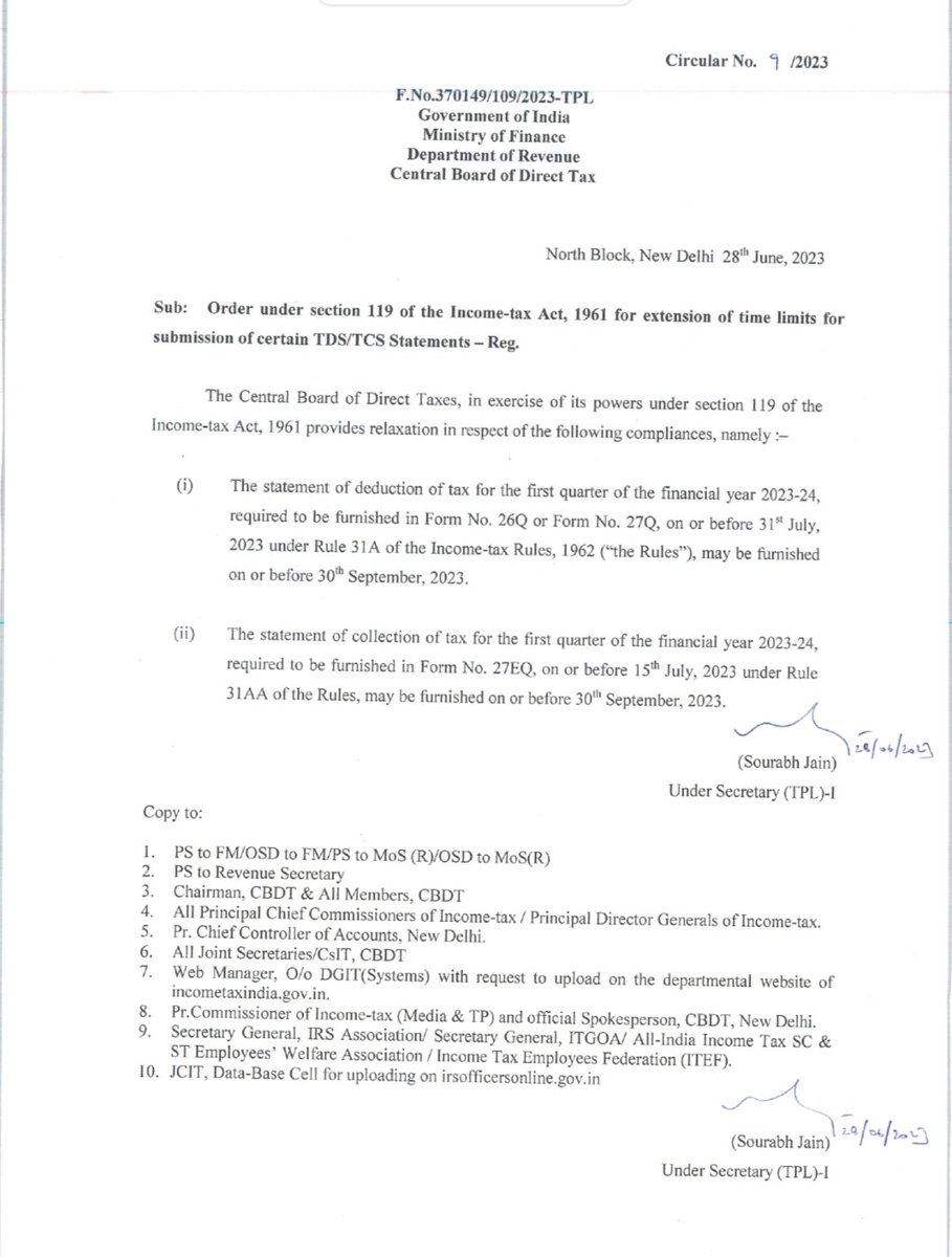 TAXounting's tweet photo. CBDT extends the time limits for submission of certain TDS/TCS Statements.

Due date for filing of TDS/TCS statements in Form Nos. 26Q, 27Q &amp; 27EQ for first quarter of FY 2023-24 has been extended to 30th September, 2023.

Source - https://t.co/EqwFfmqc2v https://t.co/3kDifs7kuO