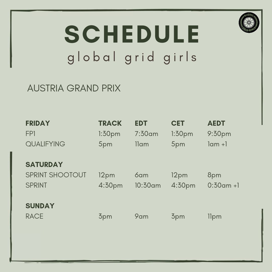 GlobalGridGirl1's tweet photo. Austria Session times.

From now on we will provide you with the starting times of each session..

#formula1 #f1 #redbullracing #mercedesamg #ferrari #alphataurif1 #astonmartinf1 #haas #alfaromeo #alpine #mclaren #williamsf1 #fia #globalgridgirls #austria #austriagp #spielberg https://t.co/hRU5aftDuG