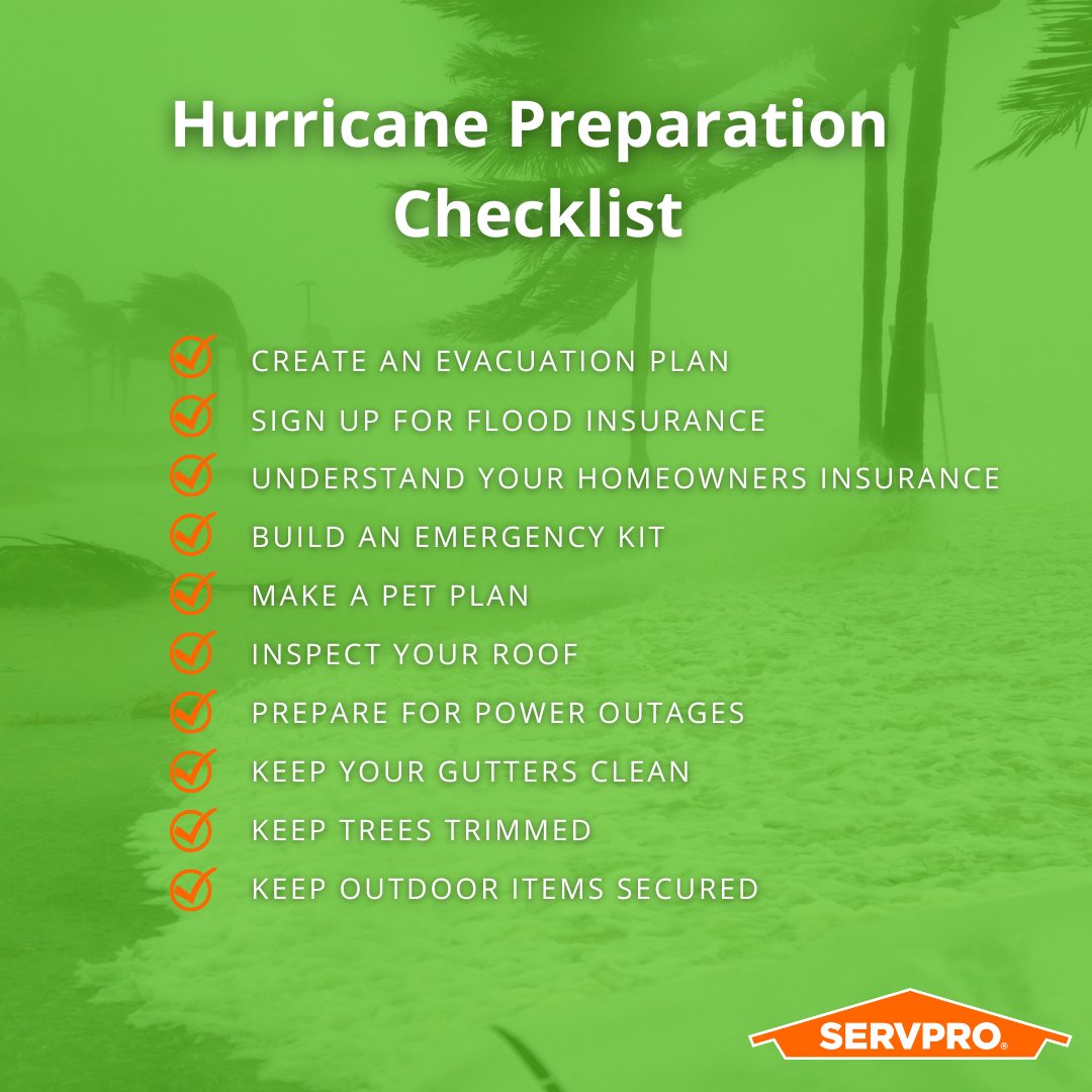 Don't wait until a #hurricane is on its way to figure out a plan. Prepare for a hurricane now to keep your family safe in the future should one head our way.

What other tips do you have? Let us know in the comments!

#HurricanePrep #Preparation #SERVPRO #JaxBeach #StormPrep