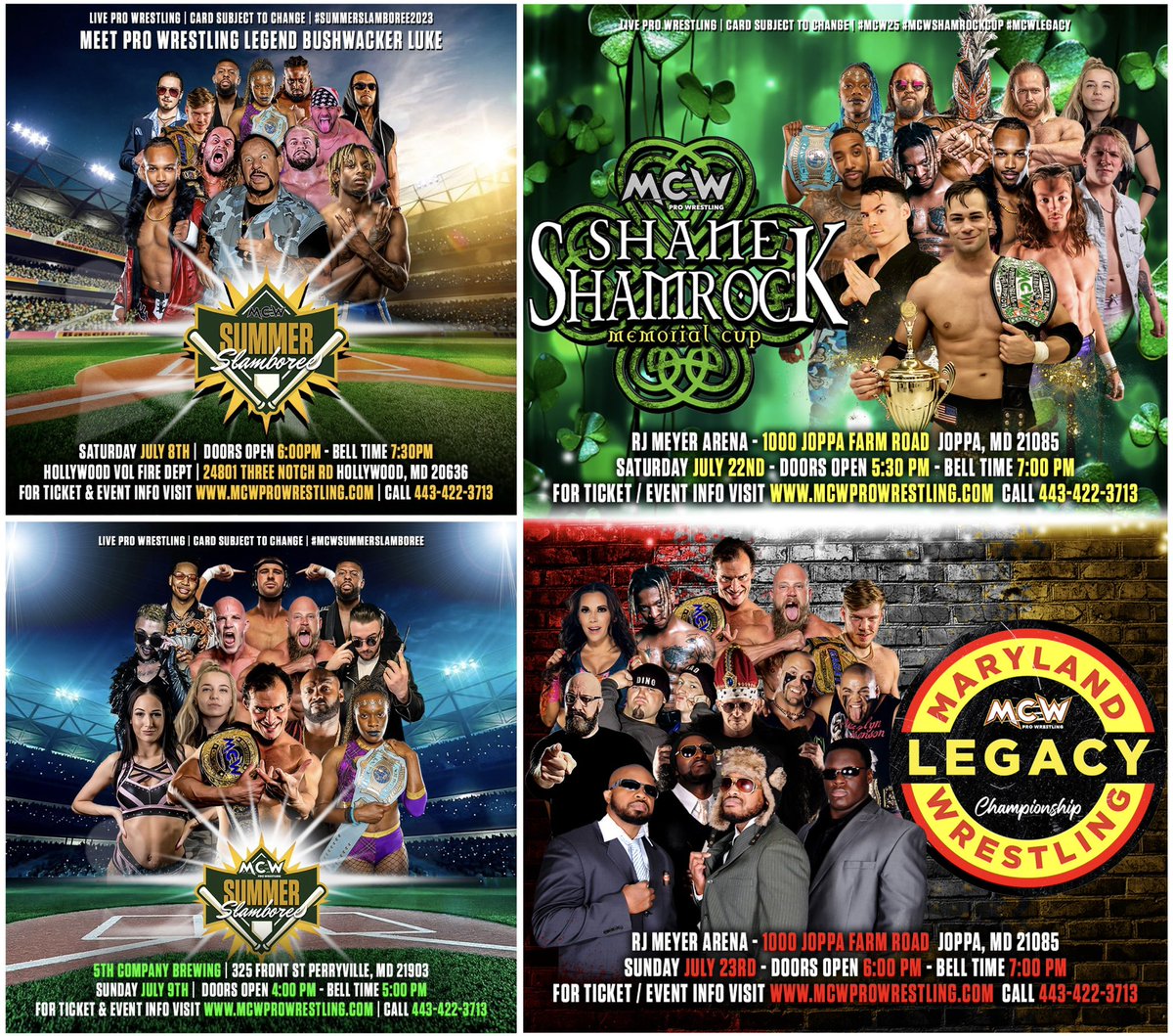 💢 UPCOMING LIVE EVENT SCHEDULE 💢

📅 #Saturday July 8th
🏟️ Hollywood #VFD🚒
🗺️ Hollywood, #Maryland
🔊 #MCWSummerSlamboree 2023
🔔 730PM

📅 #Sunday July 9th
🏟️ @5thCoBrewing
🗺️ Perryville, Maryland
🔊 #SummerSlamboree 2023
🔔 5PM

📅 Saturday July 22nd
🏟️ The RJ Meyer Arena
🗺️…