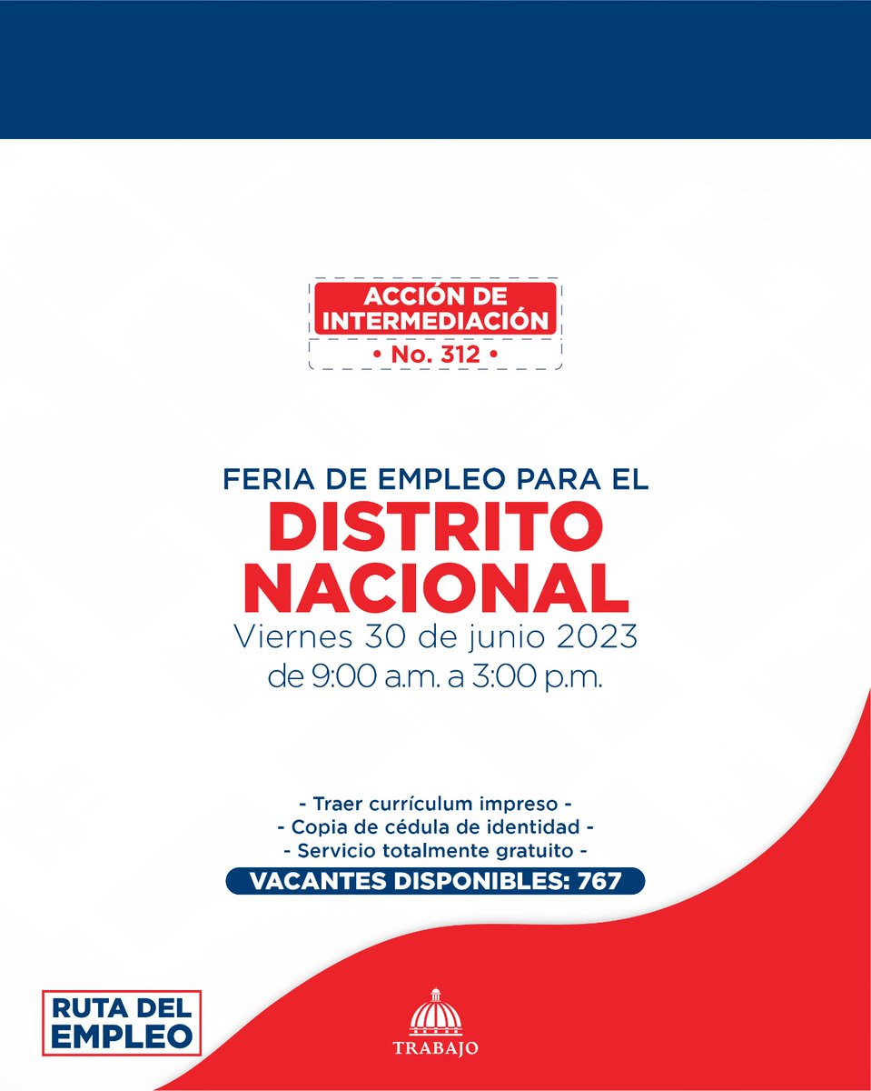 MTrabajoRD's tweet photo. La #RutaDelEmpleo continúa en Santo Domingo 📍

Te invitamos a participar en la #FeriaDeEmpleo No.312 con 767 vacantes disponibles, que realizaremos este viernes 30 de junio de 09:00 a.m. a 3:00 p.m., en las instalaciones de @InfotepRD https://t.co/hrltPazuzY