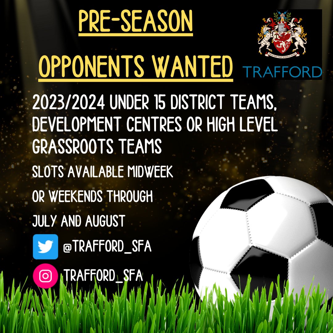 Trafford_SFA's tweet photo. Pre-season opponents wanted for our Under 15's. ⚽ #DistrictFootball @GMCSchoolsFA https://t.co/zBlbEpIlTR