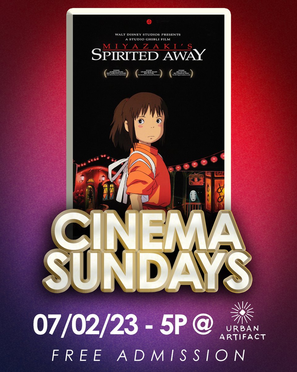 FREE ADMISSION

This Cinema Sunday we'll be watching the Miyazaki classic: Spirited Away

Rated PG
Runtime: 2 Hr 5 Min

🔗facebook.com/events/1206045…

#cinemasundays #free #freemovie #film #miyazaki #spiritedaway