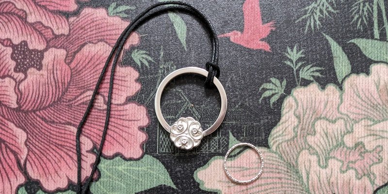 BexUK's tweet photo. My final work this term from #suttoncollege jewellery class. A very quickly made wire stacker ring and a very slowly made cast vintage button pendant. https://t.co/rpDeP3gJ53