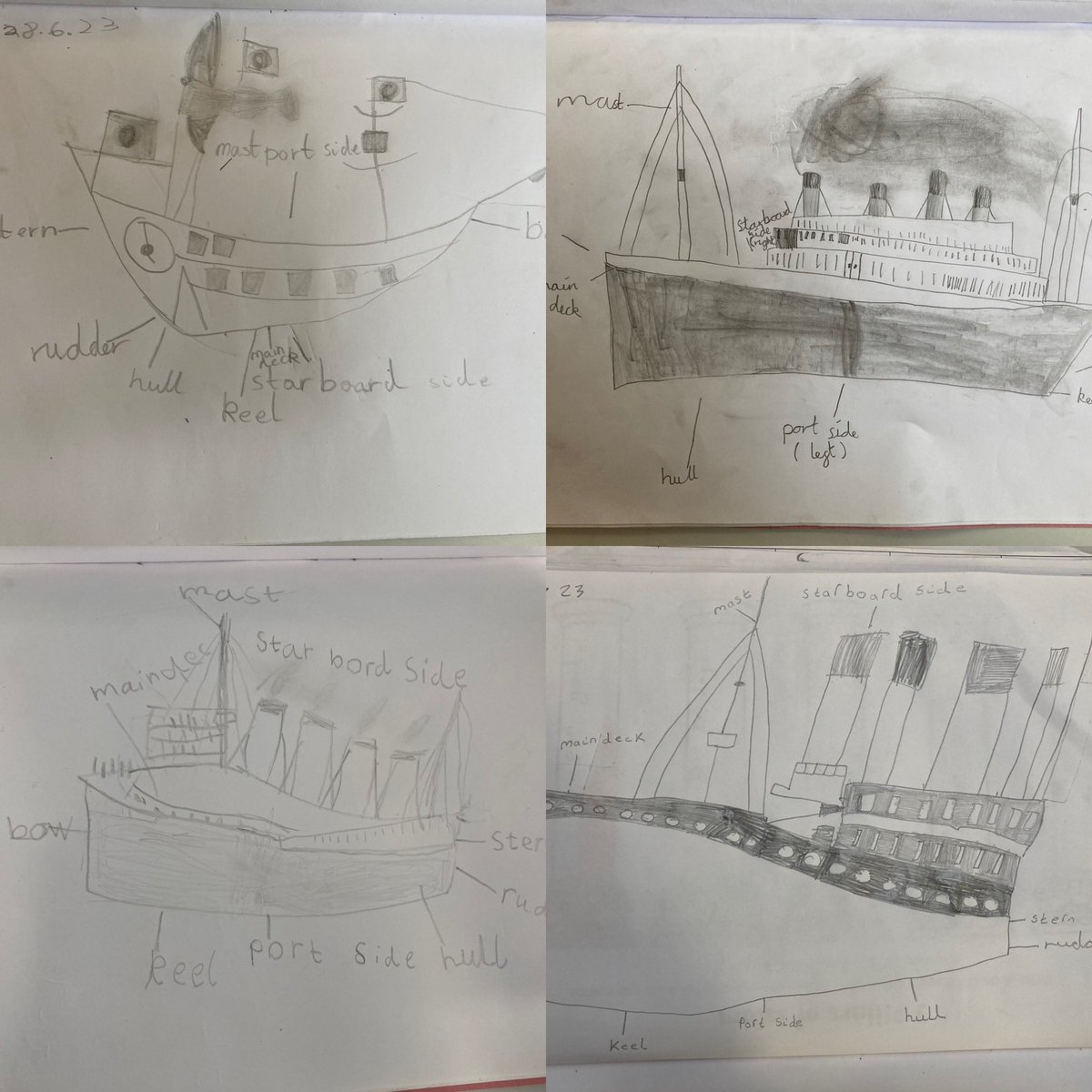 DanesfieldY2's tweet photo. We are amazing artists in 2K! Here are our drawings of the Santa Maria and the Titanic. @DanesfieldSchl https://t.co/49PWYYv06V