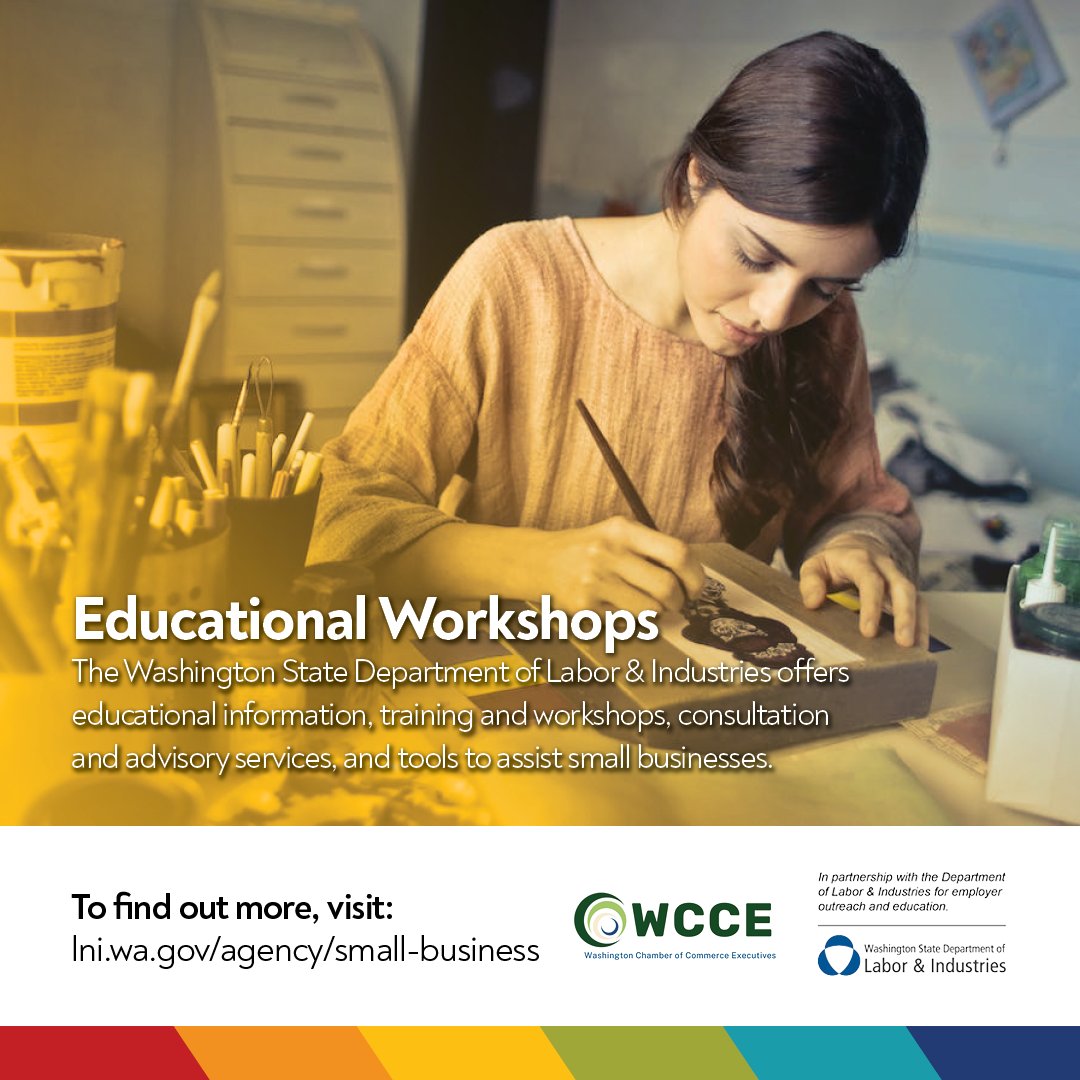 Educational Workshops

The Washington State Department of Labor &amp; Industries educational information, training and workshops, consultation and advisory services and tools to assist small businesses.  To find out more, visit: bit.ly/3LKUOx5