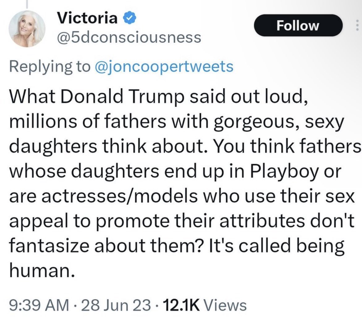 DarrigoMelanie's tweet photo. They. Most. Certainly. Do. Not.

Donald Trump talking about having sex with his own daughter *should be* indefensible, but the goal posts keep moving.

These people are not ok. https://t.co/1Nm3GwWput