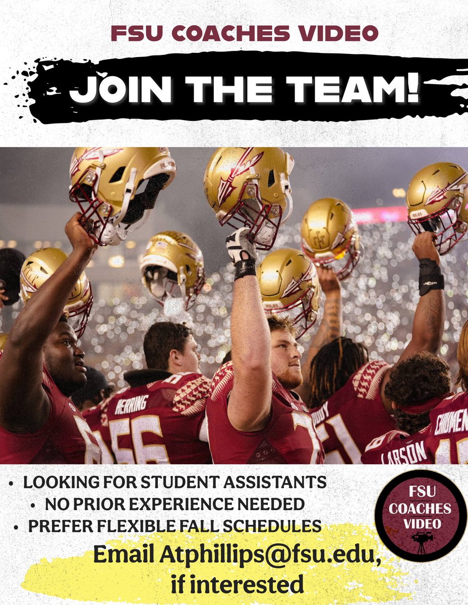 FSUCoachesVideo's tweet photo. We’re Now Hiring! Come be a part of the team and work with Florida State’s football, soccer, softball teams and more! https://t.co/6LbtFkueop