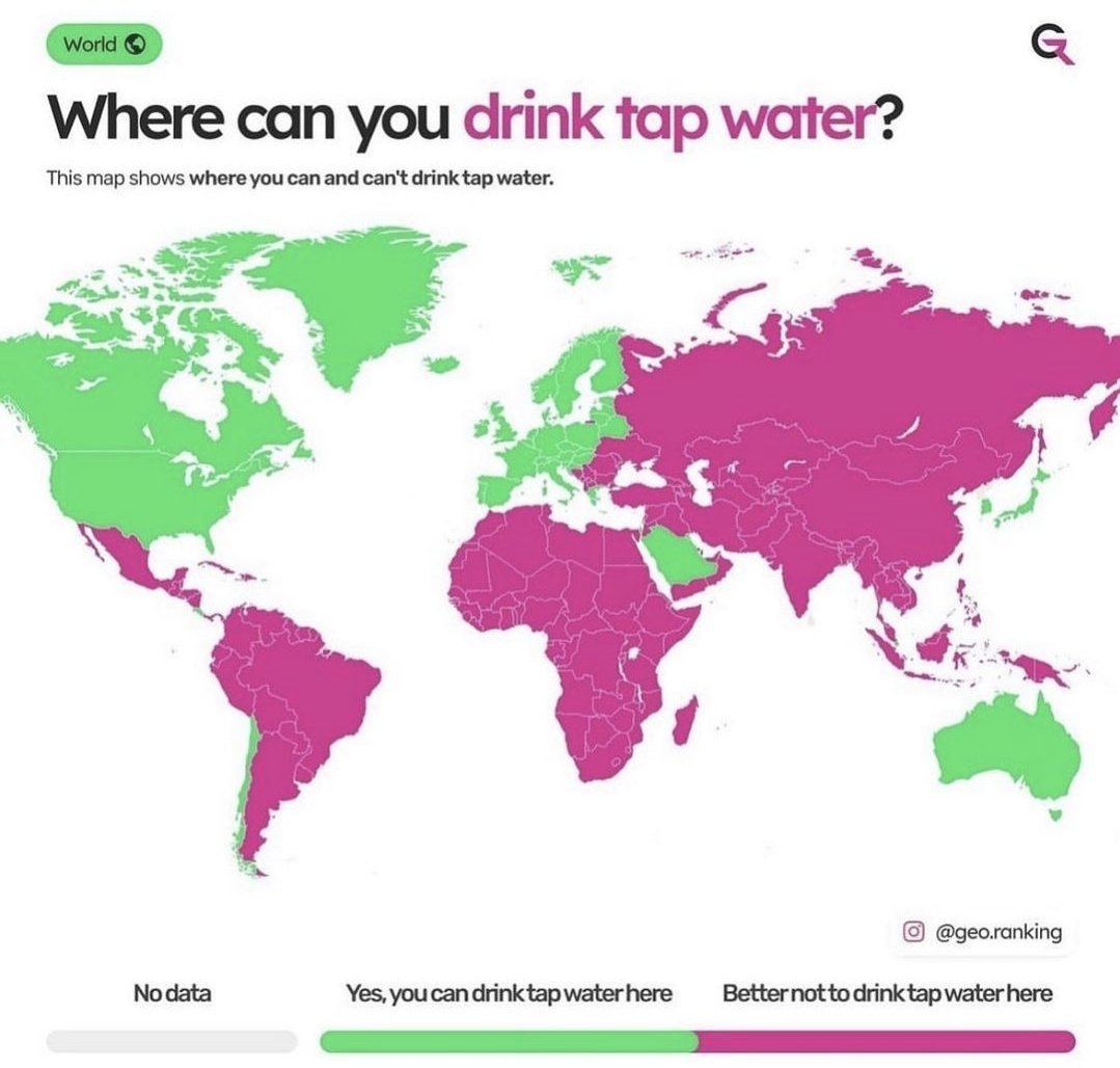 Gelişmiş ülkeleri  diğerlerinden ayıran en çarpıcı örnek...
Hangi ülkelerde musluk suyunu içebilirsiniz...?
(Yeşil içilebilir ülkeler)
Het türlü teknoloji var ama temiz suyu evlere taşıyamıyoruz. Çoğu yabancı su firmalarına, kendi suyumuz için binlerce lira ödüyoruz.
#suhakkı