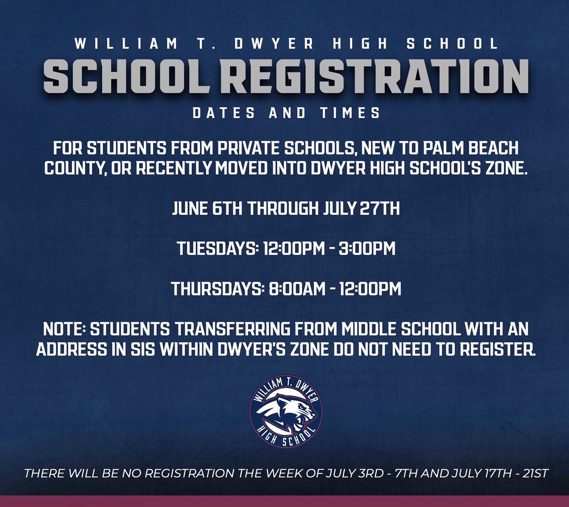 Summer registration days/hours for students coming from private schools, who have recently moved into our school zone, or out-of-zone Choice Academy students. - Tuesdays: 12pm - 3pm - Thursdays: 8am - 12pm There will be NO REGISTRATIONS the week of July 3rd-7th, & July 17th-21st