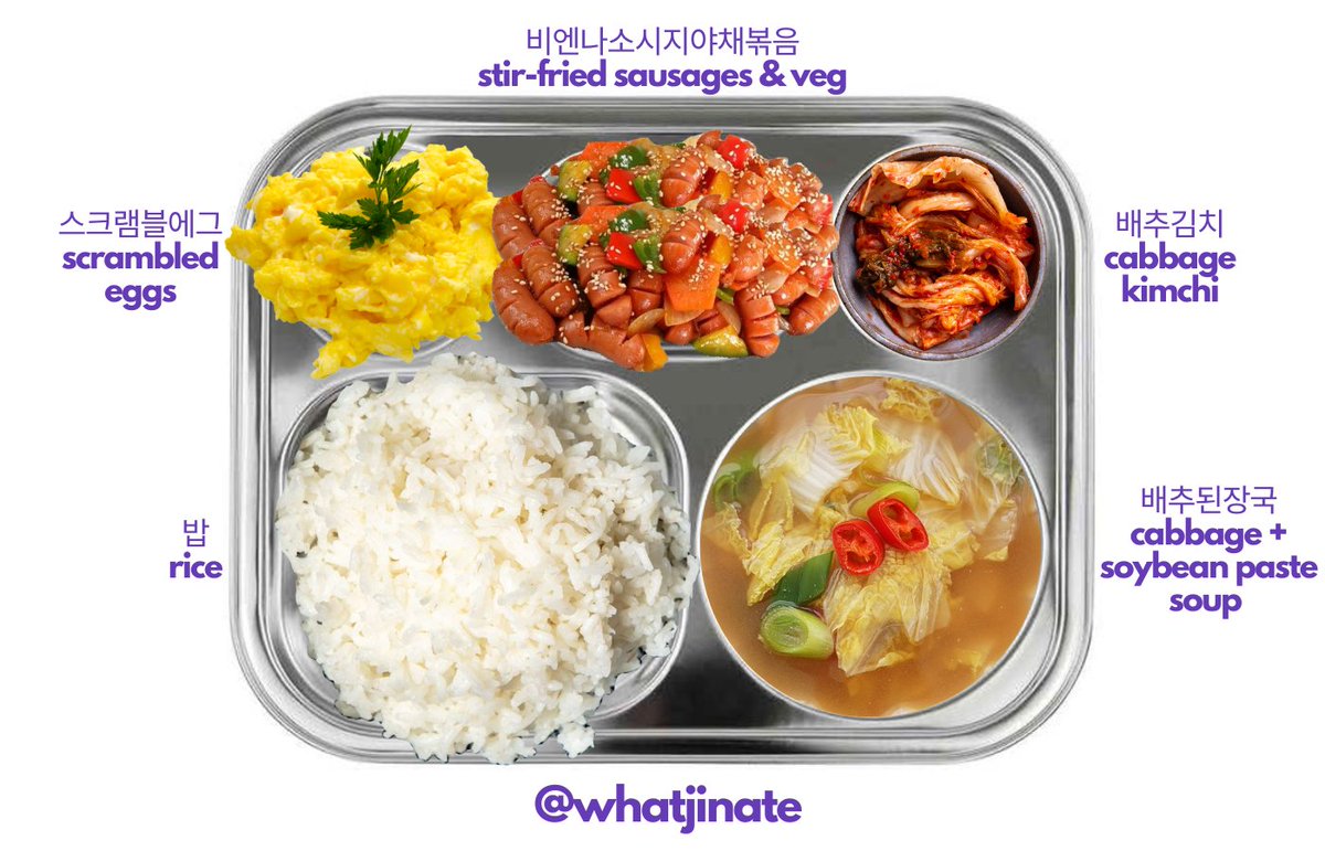 Jin's Breakfast Menu 🍳
Thursday 2023.6.29

Rice
Cabbage & soybean paste soup
Scrambled eggs
Stir-fried Vienna sausages & veggies
Cabbage kimchi

#WhatJinAte #Jin #Seokjin #진 #석진 #방탄소년단진