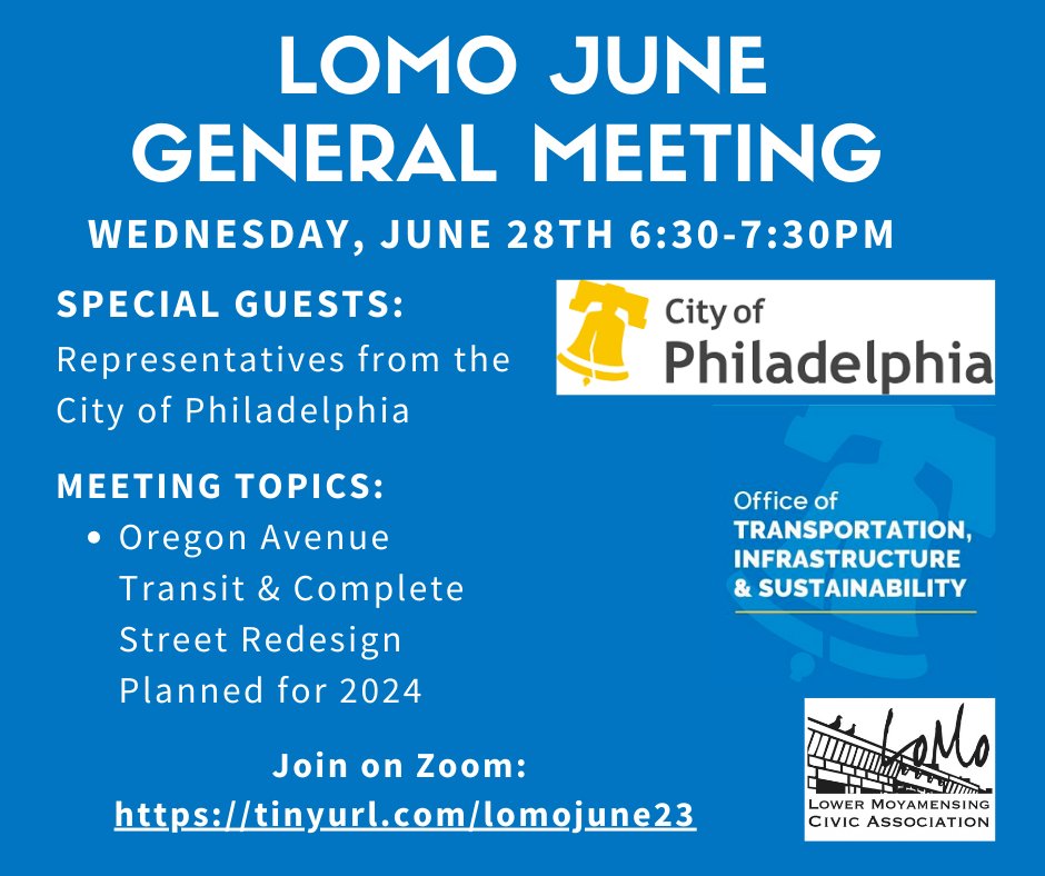 LoMoPhilly's tweet image. Join us at our June meeting TONIGHT at 6:30pm to hear from @PhillyOTIS about design changes coming to Oregon Avenue at the eastern edge of our neighborhood in 2024, which will make the roadway safer and more convenient for all road users tinyurl.com/lomojune23