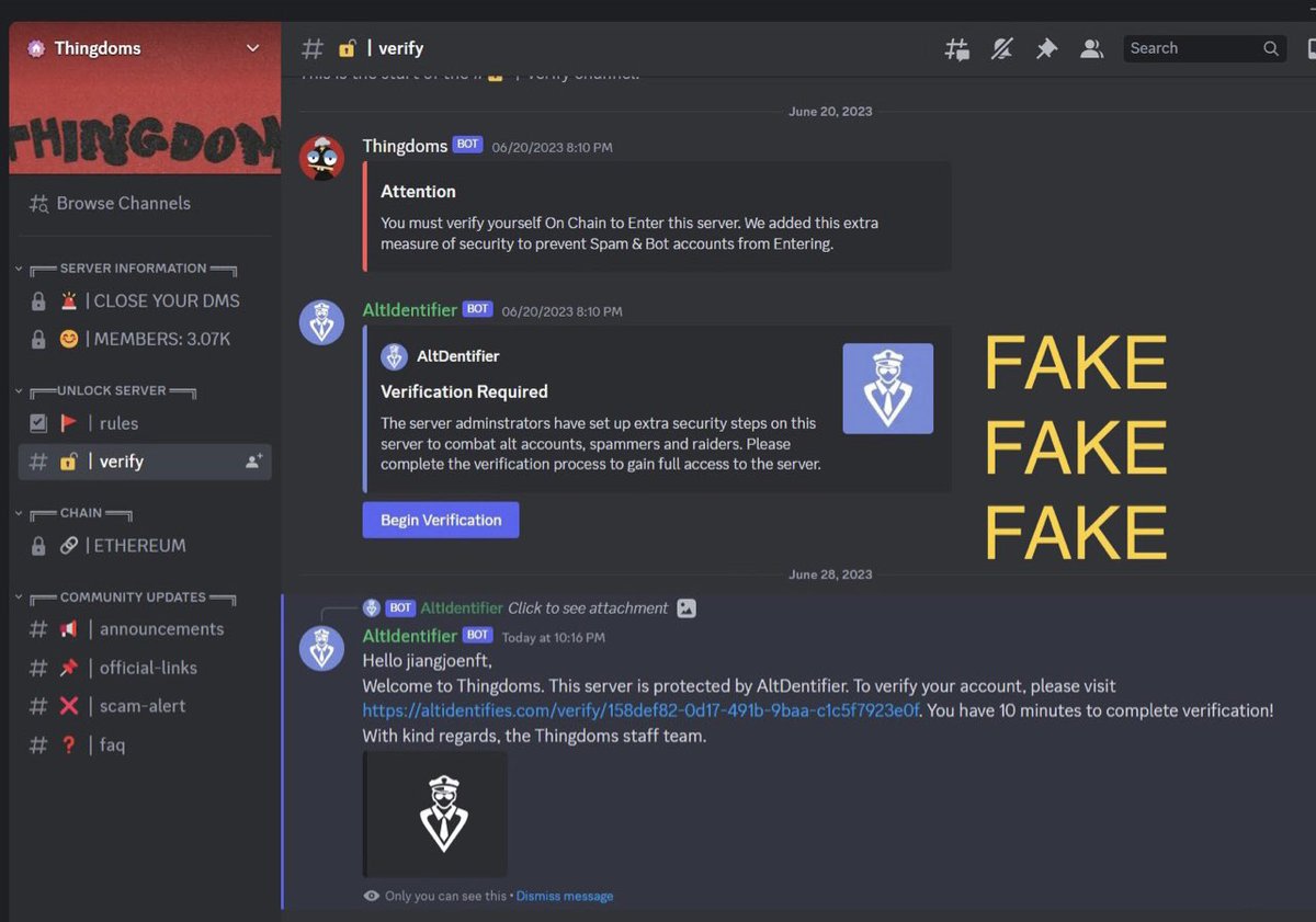 @Thingdoms

Your #discord is compromised using fake verification for new comers.

my 1.05 WETH was stolen by
#fake_phishing182232