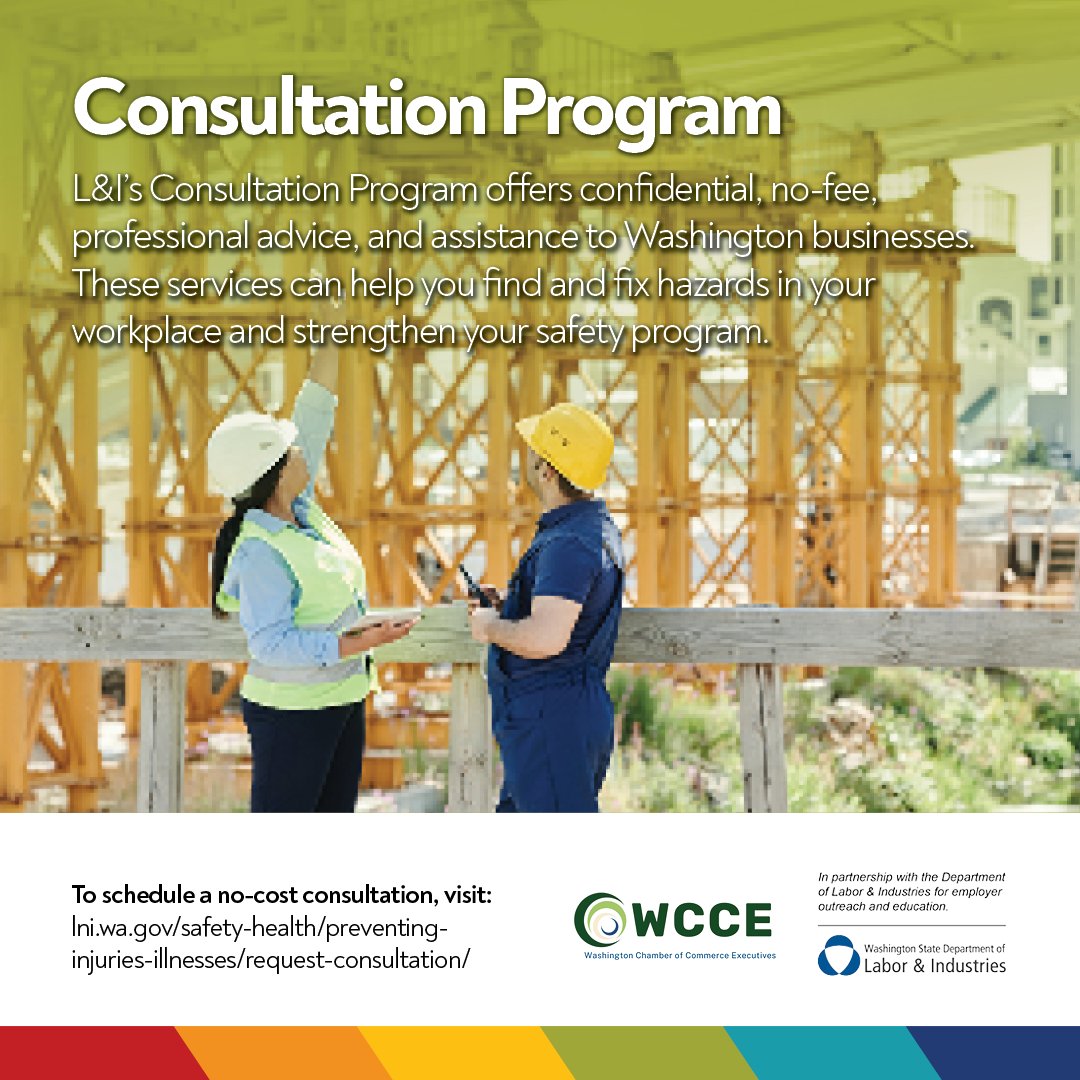 L&amp;I’s Consultation Program offers confidential, no-fee, professional advice, and assistance to Washington business.  These services can help you find and fix hazards in your workplace and strengthen your safety program.  To schedule, visit:  bit.ly/42j4mFR