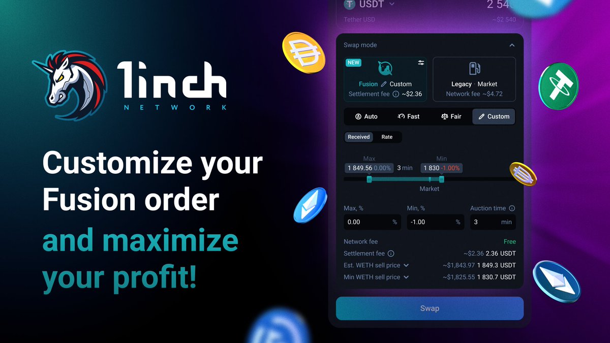 1inch's tweet image. Probably, some of you may have already noticed that we have released a custom preset for #FusionMode.

From now on, you can manually edit your Fusion order on the slide bar.

🔥 Customize the &apos;Min&apos;, &apos;Max&apos;, and &apos;Auction time&apos; parameters to maximize your profit!

#1inch #DeFi #Web3