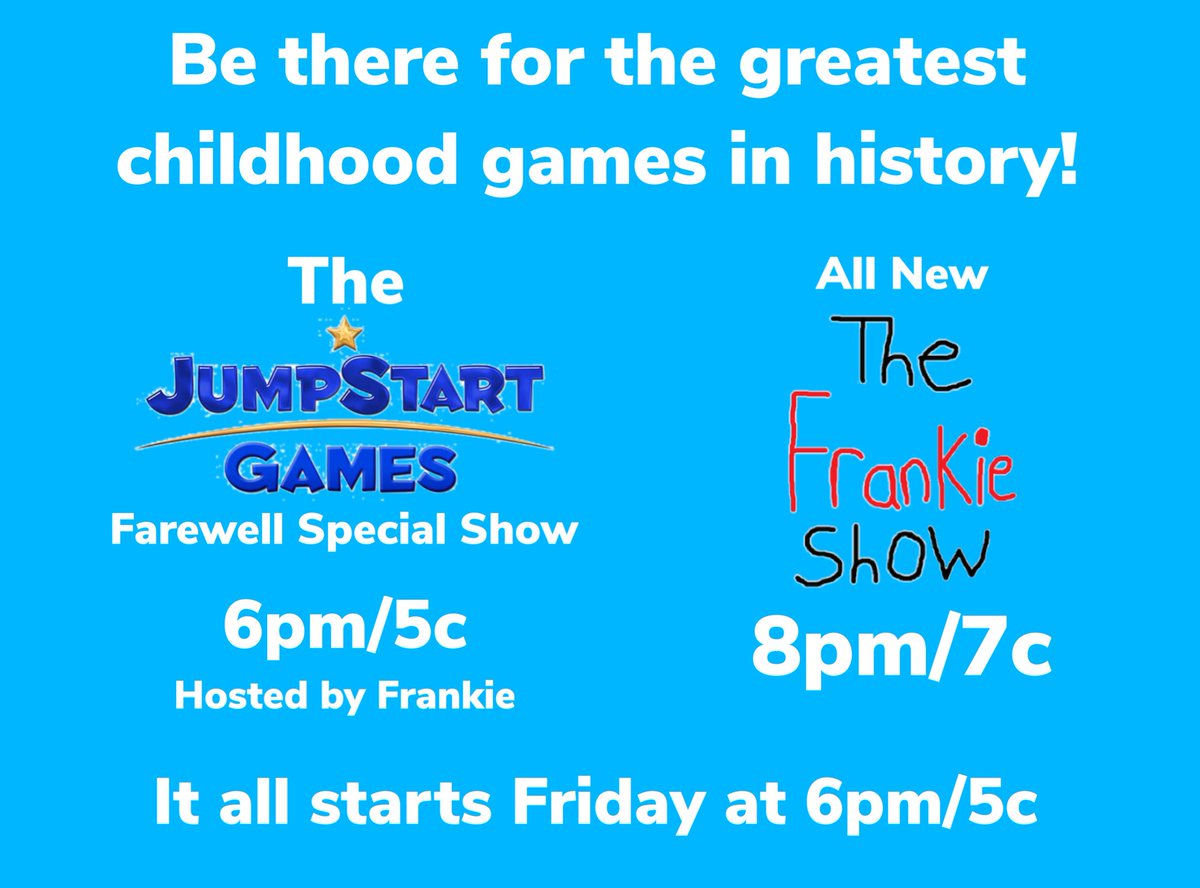 marklu2002's tweet photo. This Friday be there for the greatest childhood games in history it’s the #JumpStartGames farewell special show followed by an all new #TheFrankieShow be there Friday starting at 6pm/5c! 💻🖥️⌨️🖱️📱🥲😢😭👋
#The86SeasonCBSXDKids #The86Season #CBSXDKids @JumpStart3D #JumpStart https://t.co/OoAeayDPl5