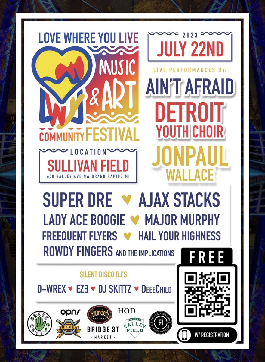 #LWYLGR Festival on Saturday, July 22nd! Live performances from <a href="/DycOfficial/">Detroit Youth Choir</a> <a href="/jonpaulwallace/">JonPaul Wallace</a> <a href="/AjaxStacks/">Stacks From The North</a> <a href="/LadyAceSolo/">LAB</a> <a href="/FreequentFlyers/">FreequentFlyers</a> and more!

REGISTER FOR FREE HERE: eventbrite.com/e/love-where-y…

#LoveGR #GrandRapids #musicfestival