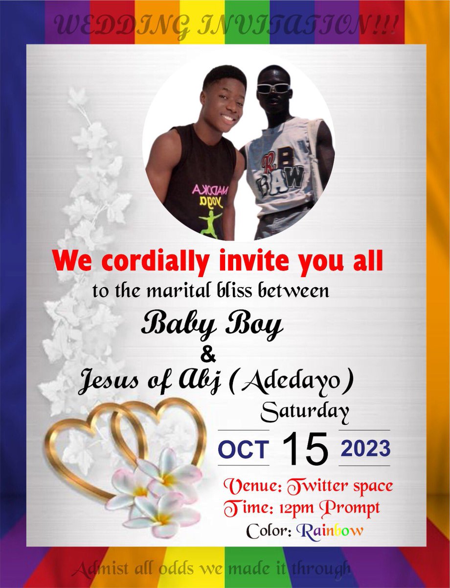 troublesome6177's tweet photo. Y’all are invited to the marriage ceremony of our very own @ericplainn and @AdedayoJesus all members of #INSIDETHERE #palavaspace #NMS #OneSide #MANNERLESS #CHURCHOFCRAZE #we #srw hope to see y’all https://t.co/z09pt8tXYv