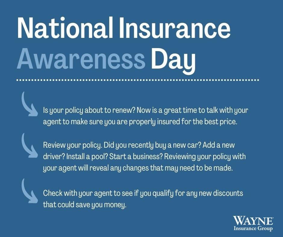Today is National Insurance Awareness Day, so we wanted to give you a friendly reminder to contact your agent and review your insurance policies to make sure you're covered before a catastrophe hits. 

#NationalInsuranceAwarenessDay #insuranceday #insurance #wayneinsurancegroup
