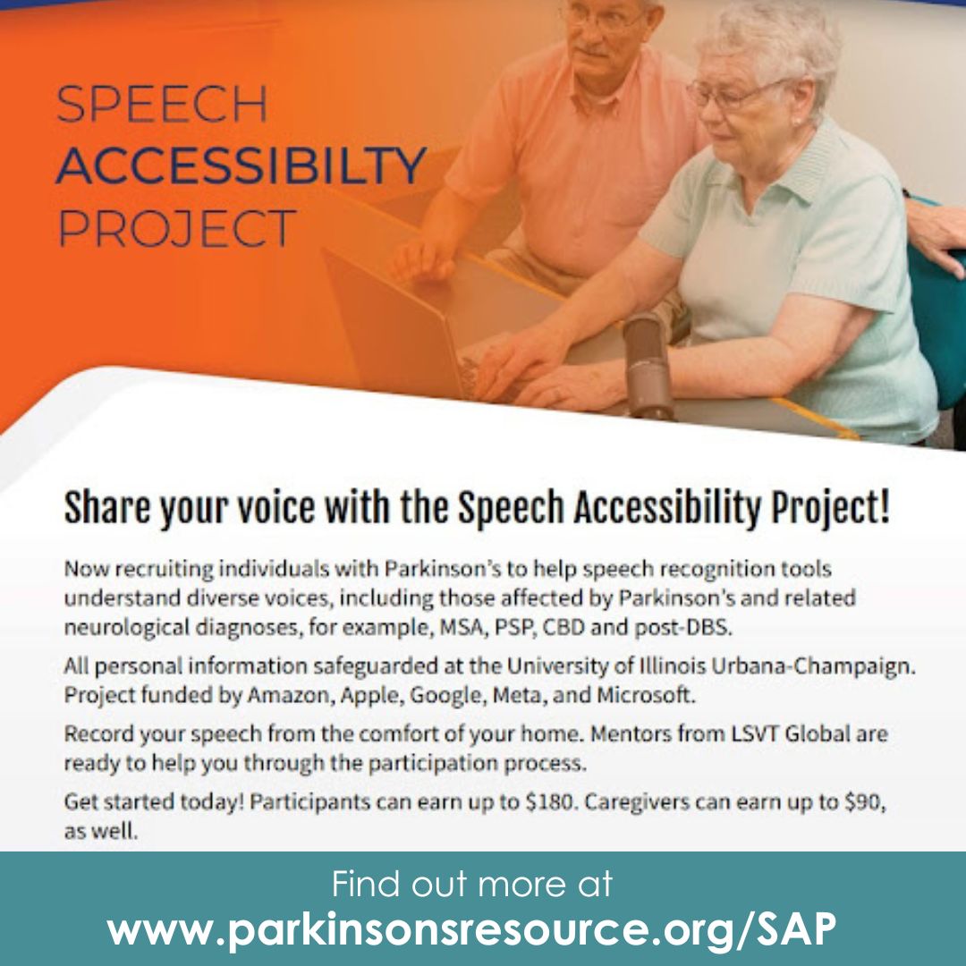 Do good and earn money - you and your caregiver can help the Parkinson’s world through a trial to help speech recognition tools understand diverse voices, including those affected by Parkinson’s.

Go to parkinsonsresource.org/SAP for more info!

#speechaccessibilityproject