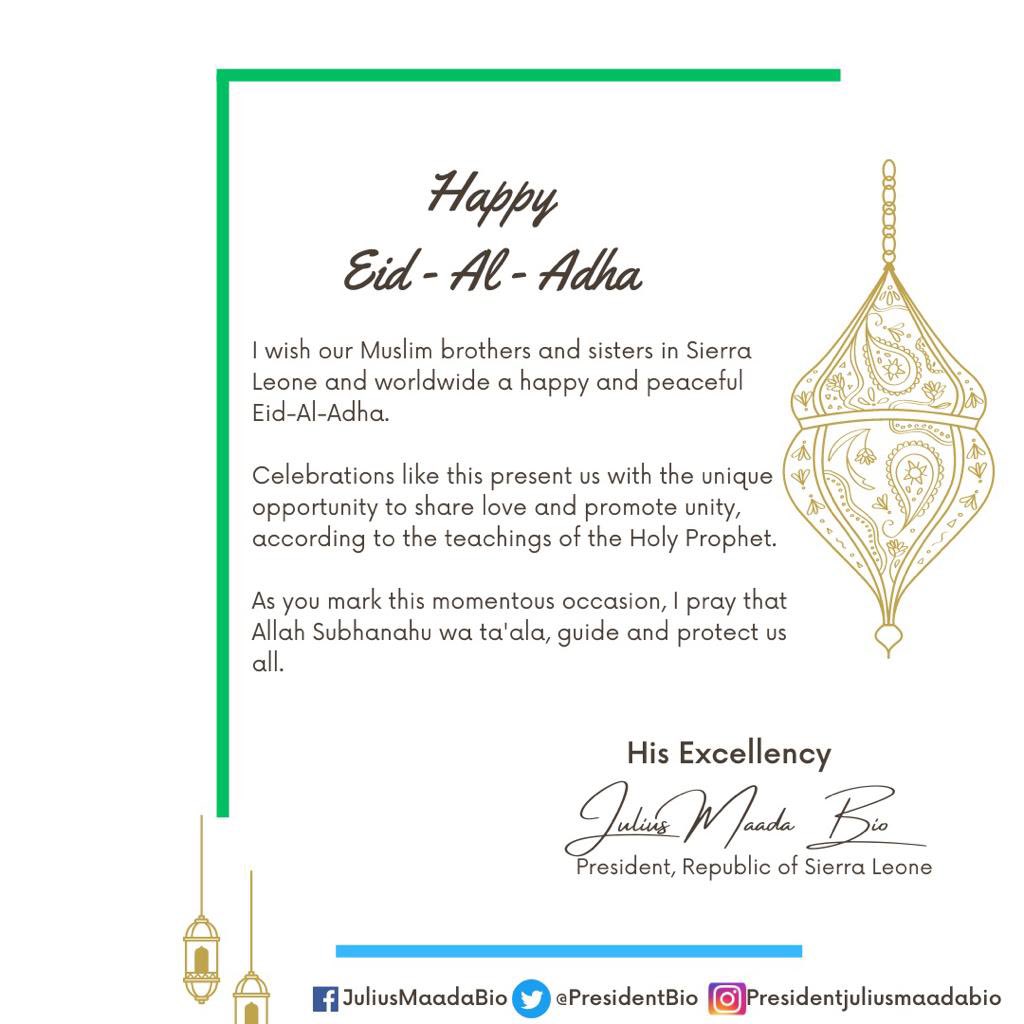 julius_maadabio's tweet photo. I wish our #Muslim brothers and sisters in #SierraLeone and worldwide a happy and peaceful #EidAlAdha2023. 

Celebrations like this presents us with the unique opportunity to share #love and promote #unity, according to the teachings of the Holy Prophet. 

As you mark this momentous occasion, I pray that Allah Subhanahu wa ta'ala, guide and protect us all. 

#EidAlAdhaMubarak 

#EidMubarak2023