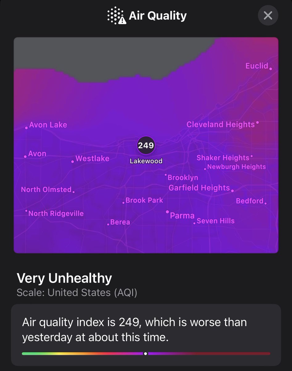 anniezaleski's tweet photo. Both tonight’s Garbage show in Wisconsin and the Robert Plant/Alison Krauss show in Cuyahoga Falls, Ohio, have been canceled due to the air quality. In Lakewood, Ohio, like 45 minutes away, this is the AQI. https://t.co/EcZrjf27U5