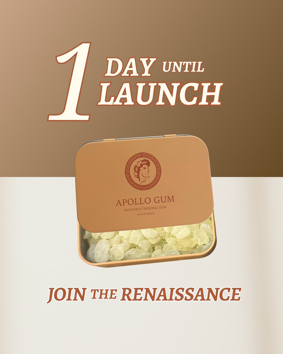 The final countdown is here. 👀

1 day until we bring the finest Mastic Gum in the world to you.

Don’t miss the launch you’ve been waiting for- sign up to be notified at apollogum.com